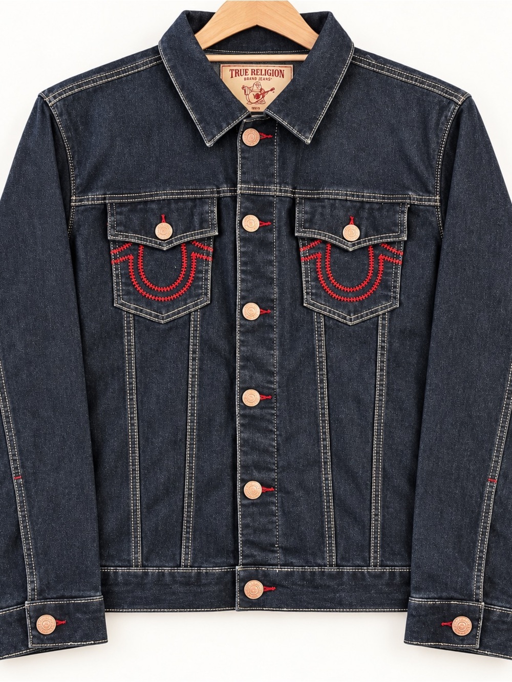 NWT True Religion Mens XL Ladder Stitch Denim Jacket Dark Wash